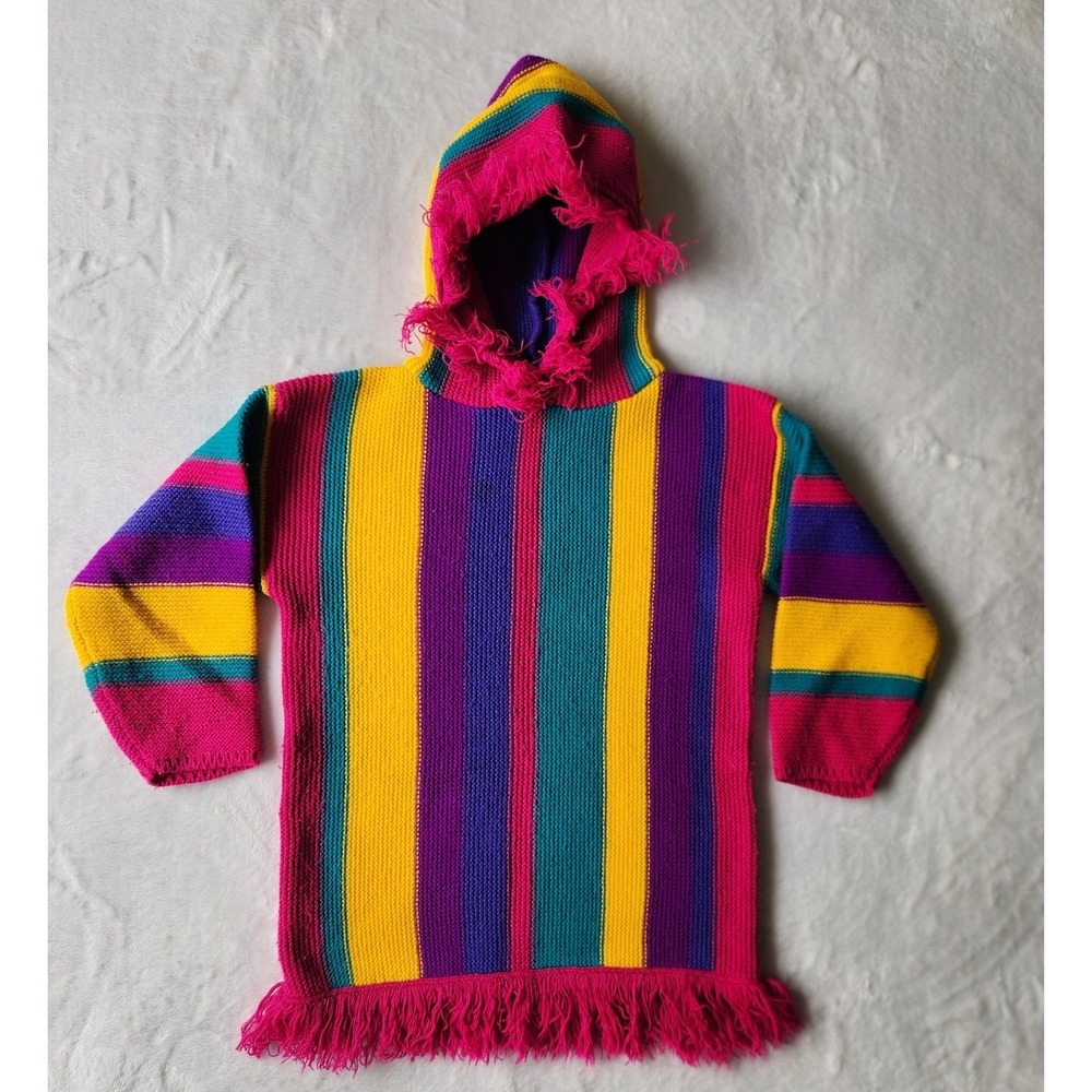 Vintage 80s Action Kids Sweater Striped Colorblock Fringe  Acrylic Sz 6x